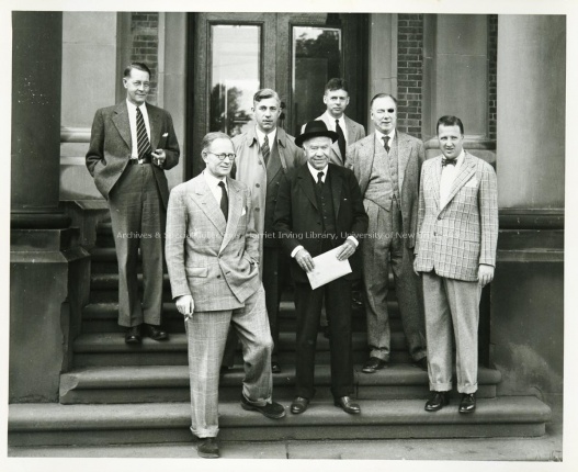 Lord Beaverbrook with UNB faculty members and guests on the steps of the Bonar Law-Bennett Library. Acc. 2010.05; Series 1; Item no. 126, File 7